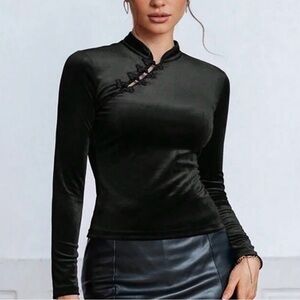 Black Velvet Mandarin Collar Top